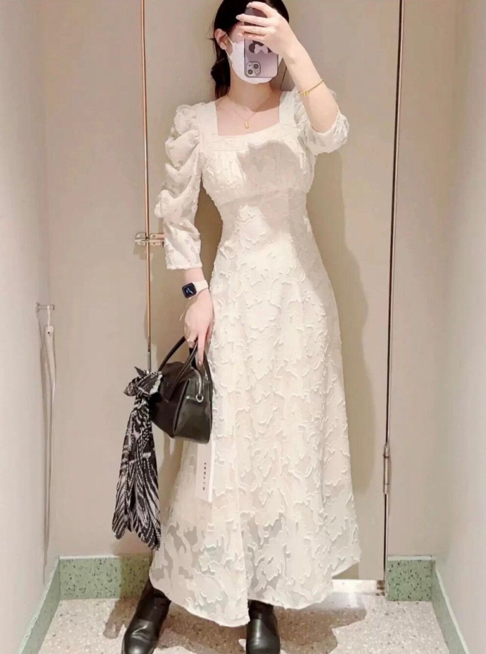 Elegant Ivory Jacquard Maxi Dress Size Small